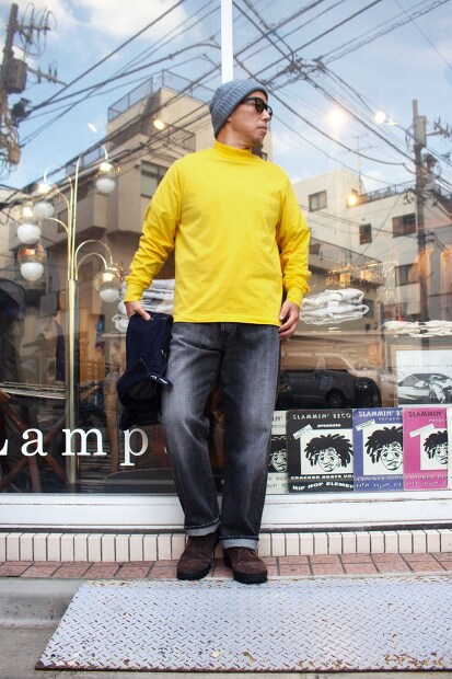 YONETOMI NEW BASIC GARMENT DYED T-SHIRT MOCK NECK 95-242-014 
