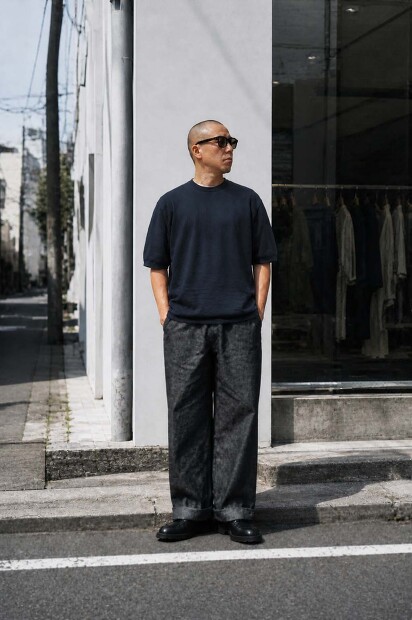 STILL BY HAND KN03262 コットンリネン半袖ニット メンズ 着用 コーディネート 日本製 サマーニット 通販 LAMPA