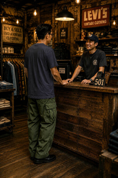 A VONTADE 7.5OZ POCKET T-SHIRTS S/S VTD-0590-CSの着用画像。空紡糸を使用したドライタッチな丸胴ポケットTシャツ。カリッと乾いた肌触りとラギッドな空気感が魅力の日本製Tシャツの着用画像
