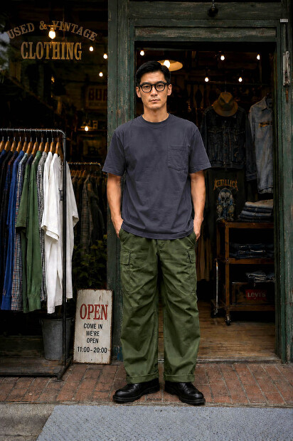 A VONTADE 7.5OZ POCKET T-SHIRTS S/S VTD-0590-CSの着用画像。空紡糸を使用したドライタッチな丸胴ポケットTシャツ。カリッと乾いた肌触りとラギッドな空気感が魅力の日本製Tシャツの着用画像