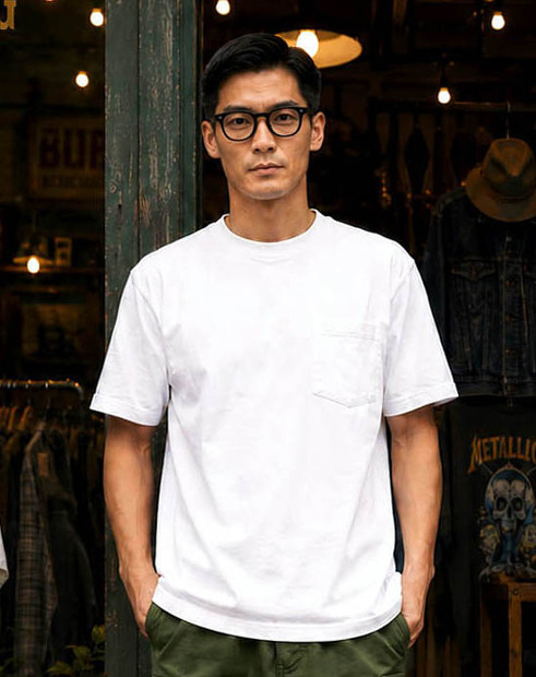 A VONTADE 7.5OZ POCKET T-SHIRTS S/S VTD-0590-CSの着用画像。空紡糸を使用したドライタッチな丸胴ポケットTシャツ。カリッと乾いた肌触りとラギッドな空気感が魅力の日本製Tシャツの着用画像