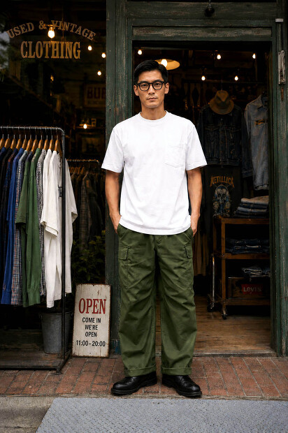A VONTADE 7.5OZ POCKET T-SHIRTS S/S VTD-0590-CSの着用画像。空紡糸を使用したドライタッチな丸胴ポケットTシャツ。カリッと乾いた肌触りとラギッドな空気感が魅力の日本製Tシャツの着用画像