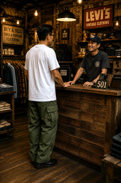 A VONTADE 7.5OZ POCKET T-SHIRTS S/S VTD-0590-CSの着用画像。空紡糸を使用したドライタッチな丸胴ポケットTシャツ。カリッと乾いた肌触りとラギッドな空気感が魅力の日本製Tシャツの着用画像
