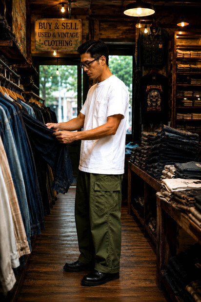 A VONTADE 7.5OZ POCKET T-SHIRTS S/S VTD-0590-CSの着用画像。空紡糸を使用したドライタッチな丸胴ポケットTシャツ。カリッと乾いた肌触りとラギッドな空気感が魅力の日本製Tシャツの着用画像