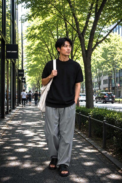 STILL BY HAND 強撚コットンテーパードパンツ PT07262の物撮り画像。強撚コットン特有のドライな質感と、オリーブがかったグレーカラーが特徴のメンズテーパードパンツの着用画像