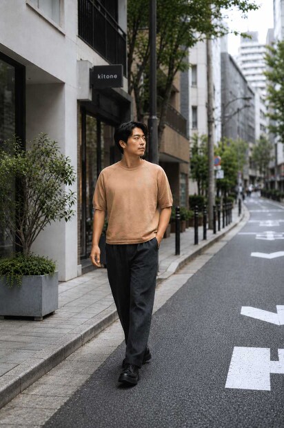 STILL BY HAND KN02262 和紙ニット半袖 メンズ 日本製 着用画像