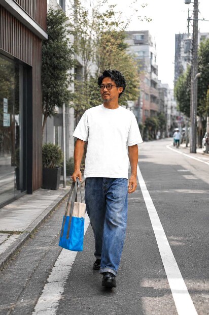 YONETOMI RIGID SEA ISLAND COTTON YOKO-MARUDO KNIT TEE 着用画像