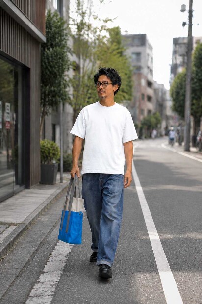YONETOMI RIGID SEA ISLAND COTTON YOKO-MARUDO KNIT TEE 着用画像